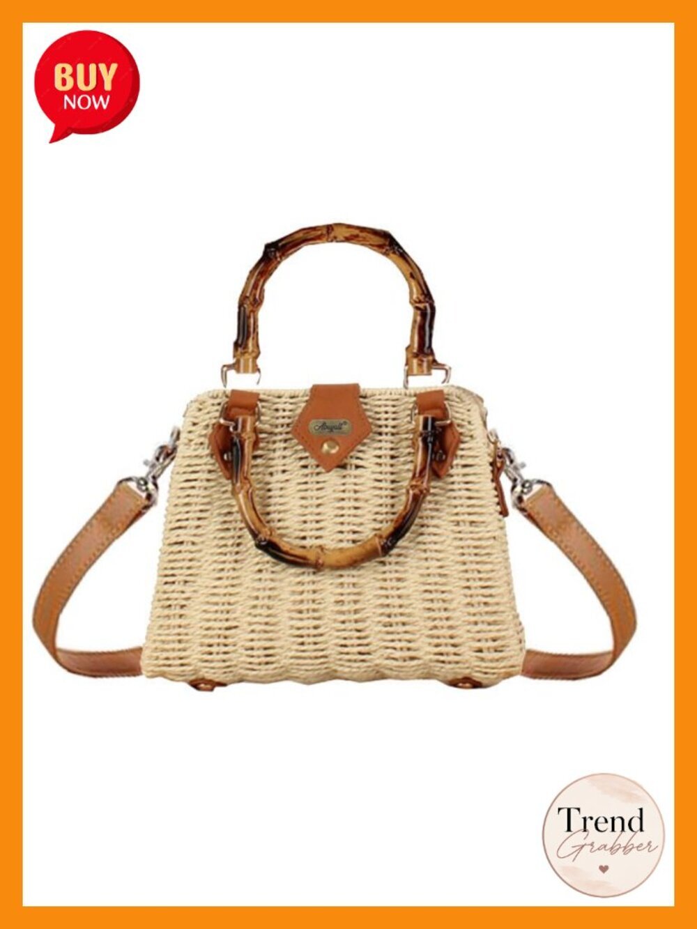 Straw Woven Rattan Tote Bag with Studded PU Leather Trim